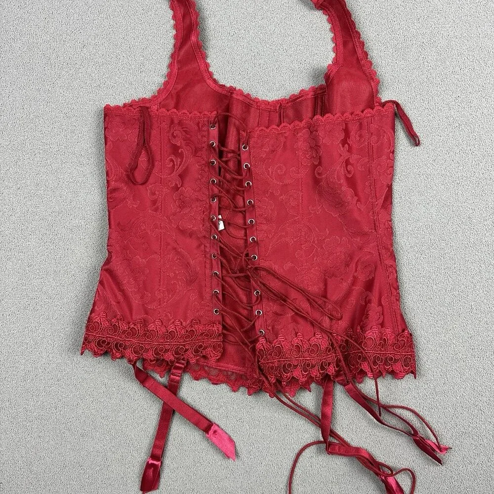 Fredericks Of Hollywood Dream Brocade Halter Corset Sz 36 Red Lace Up
